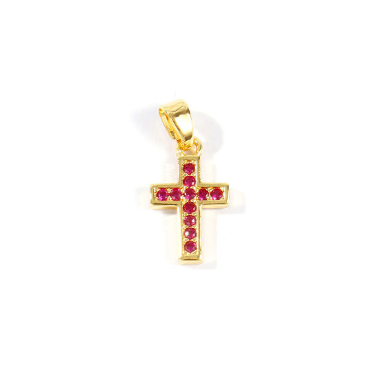 Изображение 2 ШТ Латунь религия Подвески Оптовая 18K позолоченный Крест Бижутерия усыпанная мелким фианит Фуксия Искусственный Циркон 20мм x 10мм