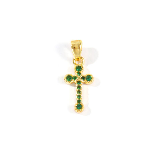 Изображение 2 ШТ Латунь религия Подвески Оптовая 18K позолоченный Крест Бижутерия усыпанная мелким фианит Изумруд Искусственный Циркон 21мм x 8мм