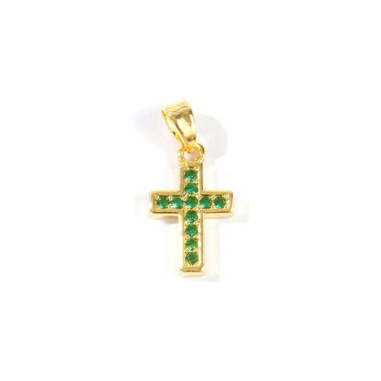 Изображение 2 ШТ Латунь религия Подвески Оптовая 18K позолоченный Крест Бижутерия усыпанная мелким фианит Изумруд Искусственный Циркон 20мм x 10мм