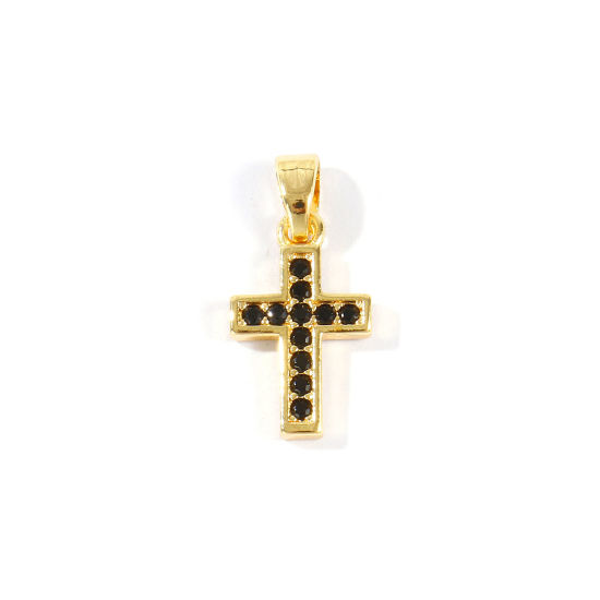Изображение 2 ШТ Латунь религия Подвески Оптовая 18K позолоченный Крест Бижутерия усыпанная мелким фианит Черный Искусственный Циркон 20мм x 10мм