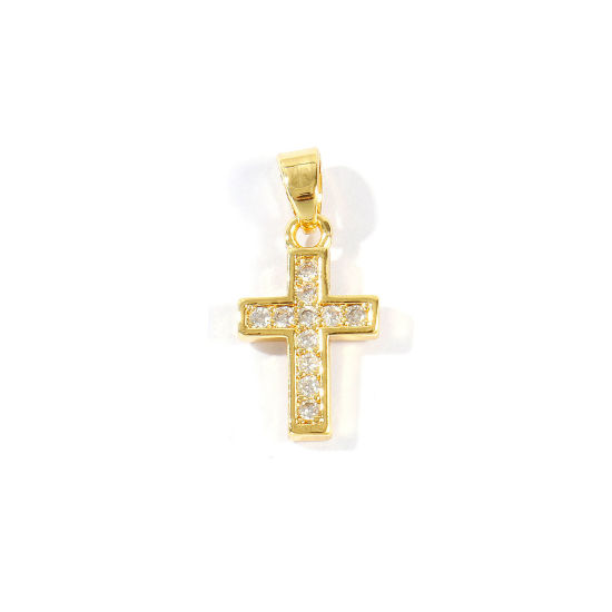 Изображение 2 ШТ Латунь религия Подвески Оптовая 18K позолоченный Крест Бижутерия усыпанная мелким фианит Прозрачный Искусственный Циркон 20мм x 10мм