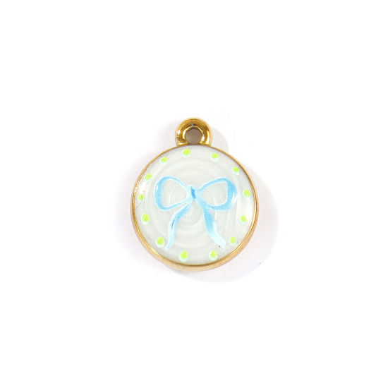 Picture of 2 PCs Eco-friendly PVD Waterproof Anti-Tarnish Hypoallergenic 304 Stainless Steel Clothes Charms Wholesale 18K Real Gold Plated Blue Round Disc Bowknot Printed 18mm x 15mm