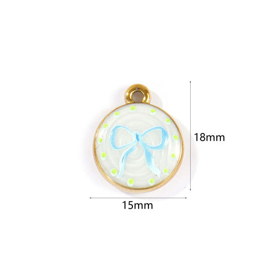Picture of 2 PCs Eco-friendly PVD Waterproof Anti-Tarnish Hypoallergenic 304 Stainless Steel Clothes Charms Wholesale 18K Real Gold Plated Blue Round Disc Bowknot Printed 18mm x 15mm