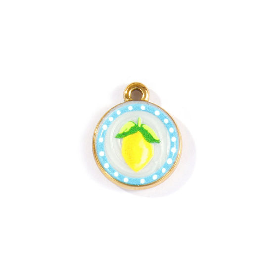 Picture of 2 PCs Eco-friendly PVD Waterproof Anti-Tarnish Hypoallergenic 304 Stainless Steel Charms Wholesale 18K Real Gold Plated Yellow Round Disc Lemon Printed 18mm x 15mm