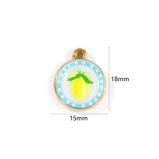 Picture of 2 PCs Eco-friendly PVD Waterproof Anti-Tarnish Hypoallergenic 304 Stainless Steel Charms Wholesale 18K Real Gold Plated Yellow Round Disc Lemon Printed 18mm x 15mm