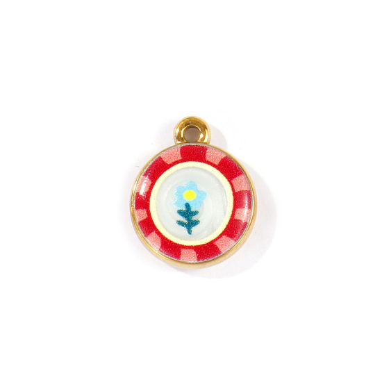 Picture of 2 PCs Eco-friendly PVD Waterproof Anti-Tarnish Hypoallergenic 304 Stainless Steel Charms Wholesale 18K Real Gold Plated Red Round Disc Flower Printed 18mm x 15mm