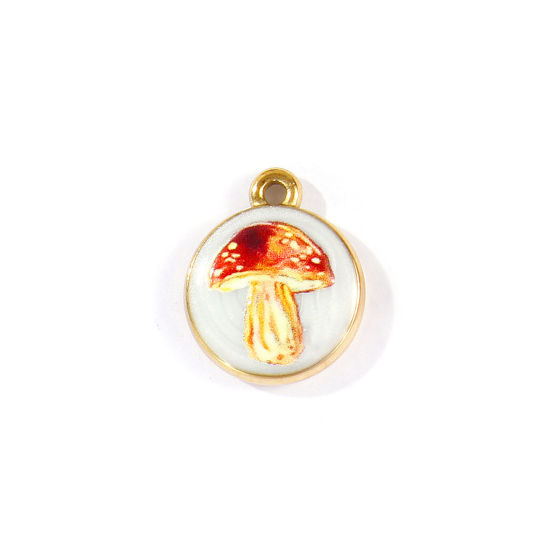Picture of 2 PCs Eco-friendly PVD Waterproof Anti-Tarnish Hypoallergenic 304 Stainless Steel Charms Wholesale 18K Real Gold Plated Brown Round Disc Mushroom Printed 18mm x 15mm