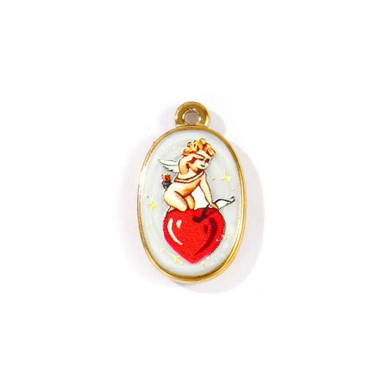 Picture of 2 PCs Eco-friendly PVD Waterproof Anti-Tarnish Hypoallergenic 304 Stainless Steel Valentine's Day Charms Wholesale 18K Real Gold Plated Red Oval Cupid Printed 23mm x 14mm