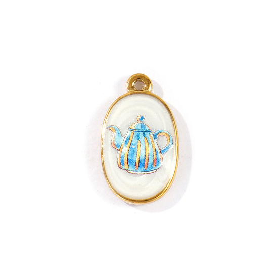 Picture of 2 PCs Eco-friendly PVD Waterproof Anti-Tarnish Hypoallergenic 304 Stainless Steel Charms Wholesale 18K Real Gold Plated Blue Oval Teapot Printed 23mm x 14mm