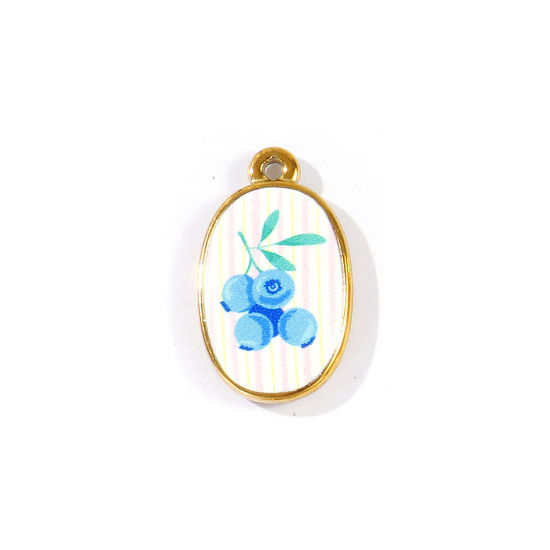 Picture of 2 PCs Eco-friendly PVD Waterproof Anti-Tarnish Hypoallergenic 304 Stainless Steel Charms Wholesale 18K Real Gold Plated Blue Oval Blueberry Printed 23mm x 14mm
