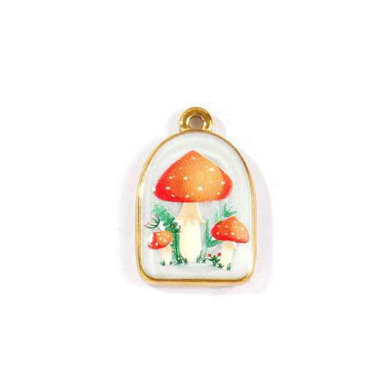 Picture of 2 PCs Eco-friendly PVD Waterproof Anti-Tarnish Hypoallergenic 304 Stainless Steel Charms Wholesale 18K Real Gold Plated Orange Half Ellipse Mushroom Printed 23mm x 15mm
