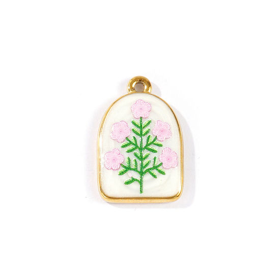 Picture of 2 PCs Eco-friendly PVD Waterproof Anti-Tarnish Hypoallergenic 304 Stainless Steel Charms Wholesale 18K Real Gold Plated Pink Half Ellipse Flower Printed 23mm x 15mm