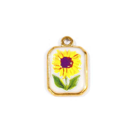 Picture of 2 PCs Eco-friendly PVD Waterproof Anti-Tarnish Hypoallergenic 304 Stainless Steel Charms Wholesale 18K Real Gold Plated Yellow Octagon Sunflower Printed 23mm x 15mm