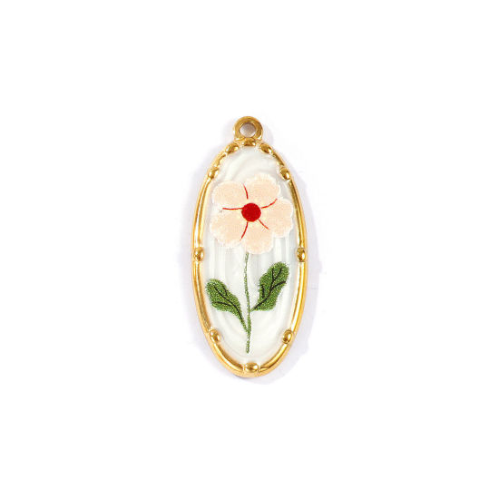 Picture of 2 PCs Eco-friendly PVD Waterproof Anti-Tarnish Hypoallergenic 304 Stainless Steel Pendants Wholesale 18K Real Gold Plated Peachy Beige Oval Flower Printed 3.4cm x 1.5cm