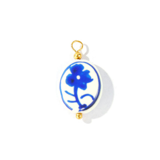 Image de 5 Pcs Breloques En Gros en Porcelaine & Laiton Plaqué Or 18K Bleu Foncé Ovale Fleurs Peint 27mm x 16mm