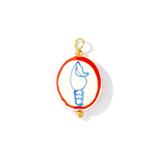 Image de 5 Pcs Breloques En Gros en Porcelaine & Laiton Plaqué Or 18K Rouge & Bleu Ovale Conque Peint 27mm x 16mm