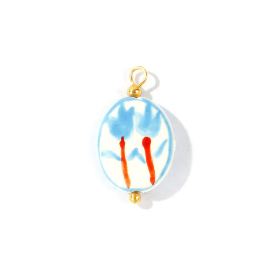 Image de 5 Pcs Breloques En Gros en Porcelaine & Laiton Plaqué Or 18K Rouge & Bleu Ovale Tulipe Peint 27mm x 16mm