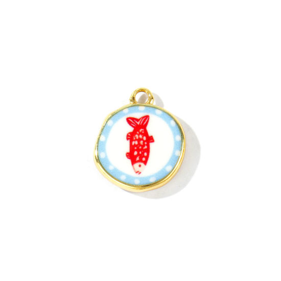 Picture of 2 PCs Eco-friendly Brass Ocean Jewelry Charms Wholesale 18K Real Gold Plated Red & Blue Round Fish Printed 16mm x 14mm