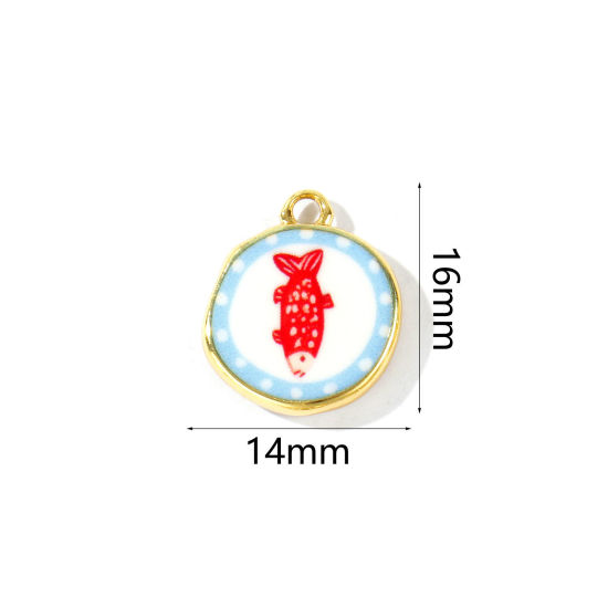 Picture of 2 PCs Eco-friendly Brass Ocean Jewelry Charms Wholesale 18K Real Gold Plated Red & Blue Round Fish Printed 16mm x 14mm