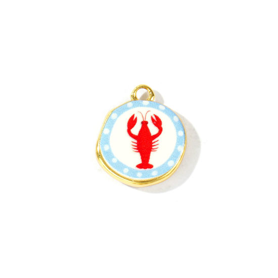 Picture of 2 PCs Eco-friendly Brass Ocean Jewelry Charms Wholesale 18K Real Gold Plated Red & Blue Round Lobster Printed 16mm x 14mm