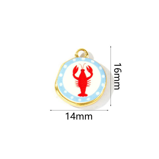 Picture of 2 PCs Eco-friendly Brass Ocean Jewelry Charms Wholesale 18K Real Gold Plated Red & Blue Round Lobster Printed 16mm x 14mm