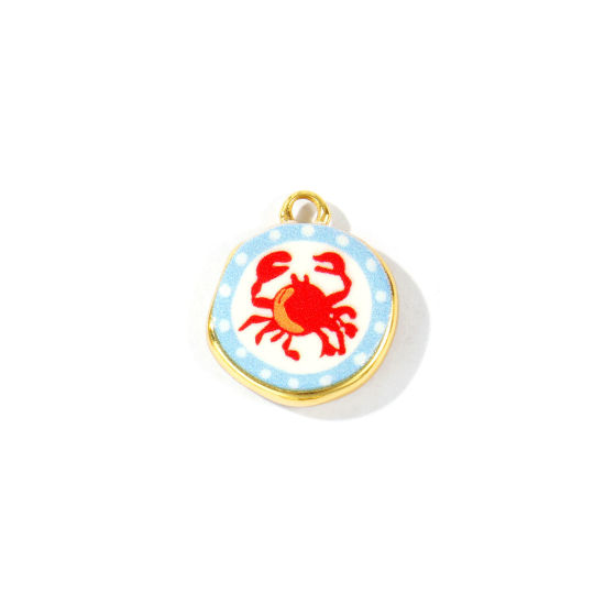 Picture of 2 PCs Eco-friendly Brass Ocean Jewelry Charms Wholesale 18K Real Gold Plated Red & Blue Round Crab Printed 16mm x 14mm