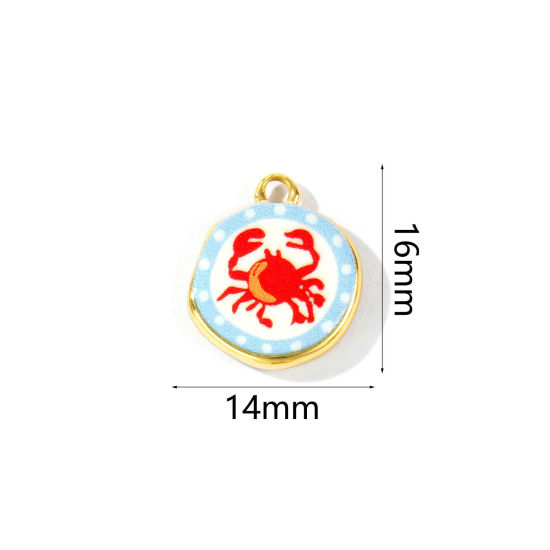 Picture of 2 PCs Eco-friendly Brass Ocean Jewelry Charms Wholesale 18K Real Gold Plated Red & Blue Round Crab Printed 16mm x 14mm