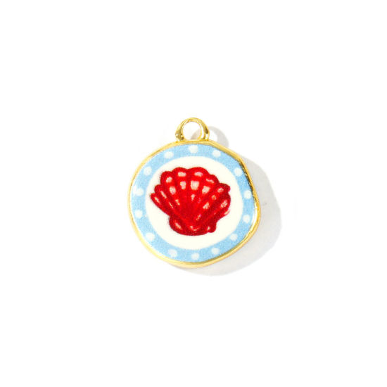 Picture of 2 PCs Eco-friendly Brass Ocean Jewelry Charms Wholesale 18K Real Gold Plated Red & Blue Round Shell Printed 16mm x 14mm