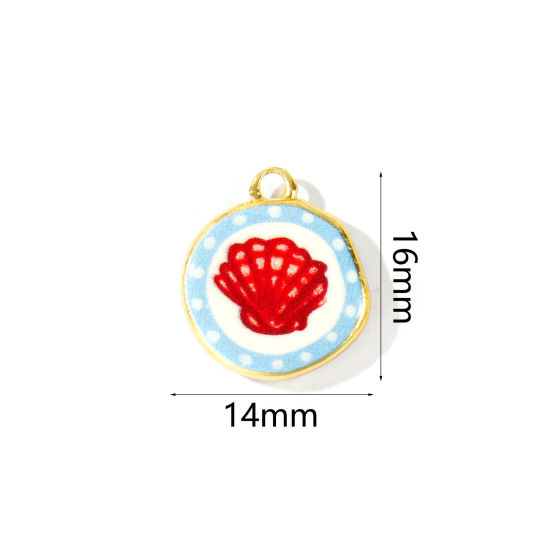 Picture of 2 PCs Eco-friendly Brass Ocean Jewelry Charms Wholesale 18K Real Gold Plated Red & Blue Round Shell Printed 16mm x 14mm
