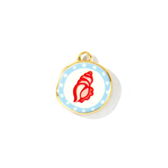 Picture of 2 PCs Eco-friendly Brass Ocean Jewelry Charms Wholesale 18K Real Gold Plated Red & Blue Round Conch Sea Snail Printed 16mm x 14mm