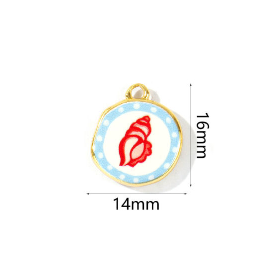 Picture of 2 PCs Eco-friendly Brass Ocean Jewelry Charms Wholesale 18K Real Gold Plated Red & Blue Round Conch Sea Snail Printed 16mm x 14mm