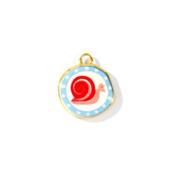 Picture of 2 PCs Eco-friendly Brass Charms Wholesale 18K Real Gold Plated Red & Blue Round Snail Printed 16mm x 14mm
