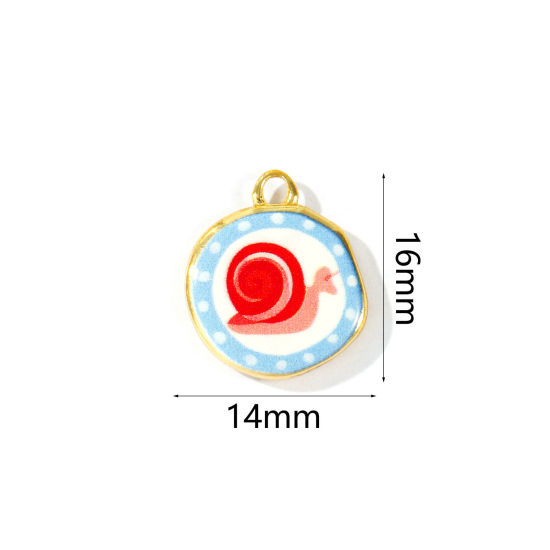 Picture of 2 PCs Eco-friendly Brass Charms Wholesale 18K Real Gold Plated Red & Blue Round Snail Printed 16mm x 14mm