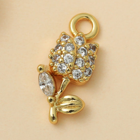 Изображение 5 ШТ Латунь Подвески Оптовая 18K позолоченный Тюльпан цветок Прозрачный Искусственный Циркон 13мм x 6мм