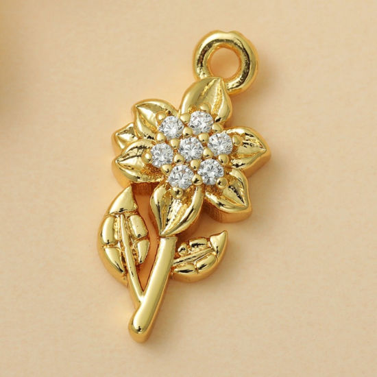 Изображение 5 ШТ Латунь Подвески Оптовая 18K позолоченный Цветы Прозрачный Искусственный Циркон 15.5мм x 7.5мм