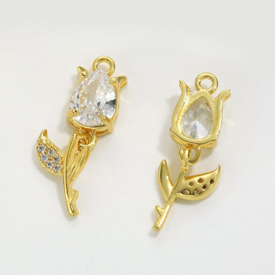 Изображение 5 ШТ Латунь Подвески Оптовая 18K позолоченный Тюльпан цветок Прозрачный Искусственный Циркон 23мм x 8мм