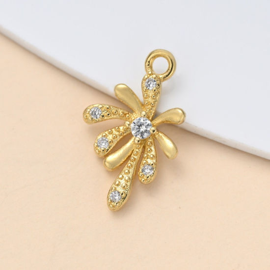 Изображение 5 ШТ Латунь Подвески Оптовая 18K позолоченный Цветы Прозрачный Искусственный Циркон 16мм x 9.5мм