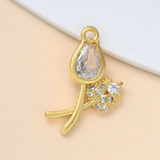 Изображение 5 ШТ Латунь Подвески Оптовая 18K позолоченный Тюльпан цветок Прозрачный Искусственный Циркон 17.5мм x 9мм