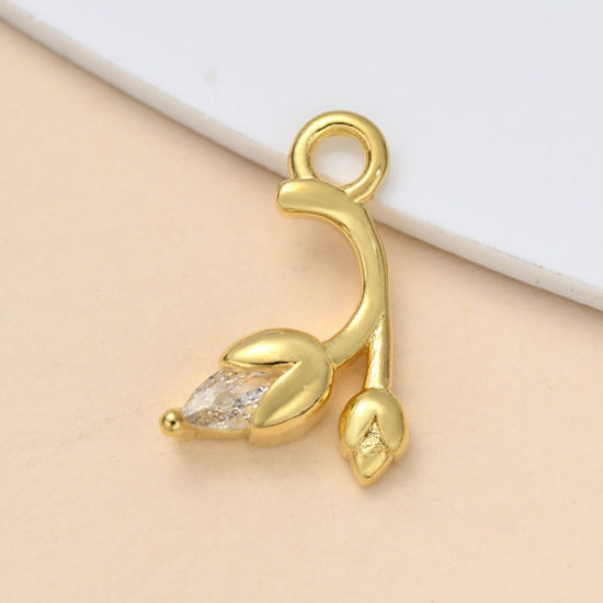 Изображение 5 ШТ Латунь Подвески Оптовая 18K позолоченный Цветы Прозрачный Искусственный Циркон 12мм x 8мм