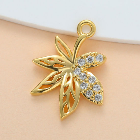Изображение 5 ШТ Латунь Подвески Оптовая 18K позолоченный Лист Прозрачный Искусственный Циркон 16мм x 11мм