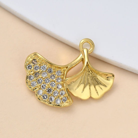 Изображение 5 ШТ Латунь Подвески Оптовая 18K позолоченный Лист Прозрачный Искусственный Циркон 14мм x 12мм