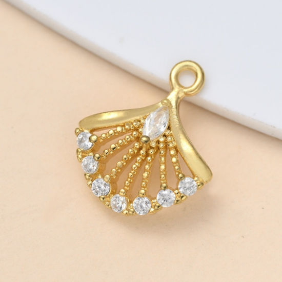 Изображение 5 ШТ Латунь Подвески Оптовая 18K позолоченный Лист Прозрачный Искусственный Циркон 11.5мм x 10мм