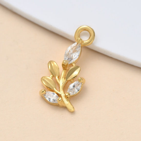 Изображение 5 ШТ Латунь Подвески Оптовая 18K позолоченный Лист Прозрачный Искусственный Циркон 12.5мм x 6мм