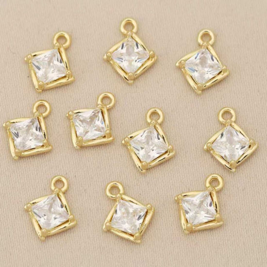 5 個 真鍮 ジオメトリック 幾何学 ペンダント 卸売り 18Kゴールドメッキ 菱形 クリア ジルコン 9.5mm x 7.5mm、 の画像