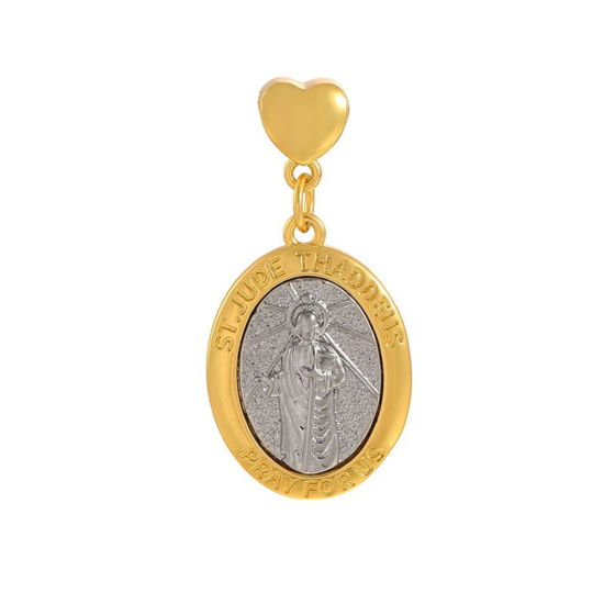 Bild von 1 Stück Messing Religiös Anhänger Großhandel 18K Vergoldet & Platin Plattiert Oval Jesus Mixefarbe 3.6cm x 1.8cm