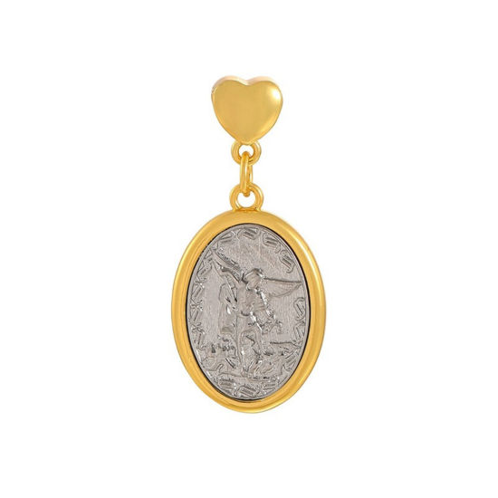 Bild von 1 Stück Messing Religiös Anhänger Großhandel 18K Vergoldet & Platin Plattiert Oval Engel Mixefarbe 3.6cm x 1.8cm