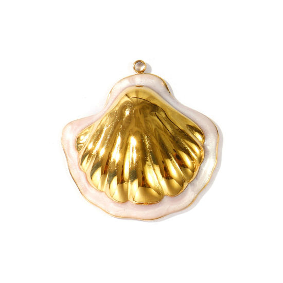 Picture of 1 Piece Eco-friendly PVD Waterproof Anti-Tarnish Hypoallergenic 304 Stainless Steel Pendants Wholesale 18K Real Gold Plated Pink Enamel Shell Pearlized 4cm x 3.9cm
