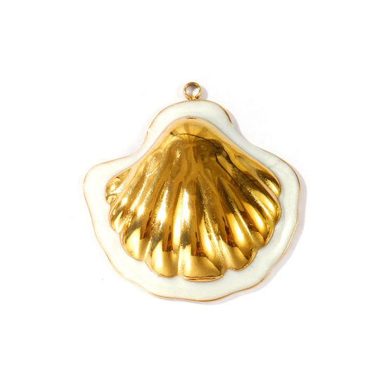 Picture of 1 Piece Eco-friendly PVD Waterproof Anti-Tarnish Hypoallergenic 304 Stainless Steel Pendants Wholesale 18K Real Gold Plated White Enamel Shell Pearlized 4cm x 3.9cm