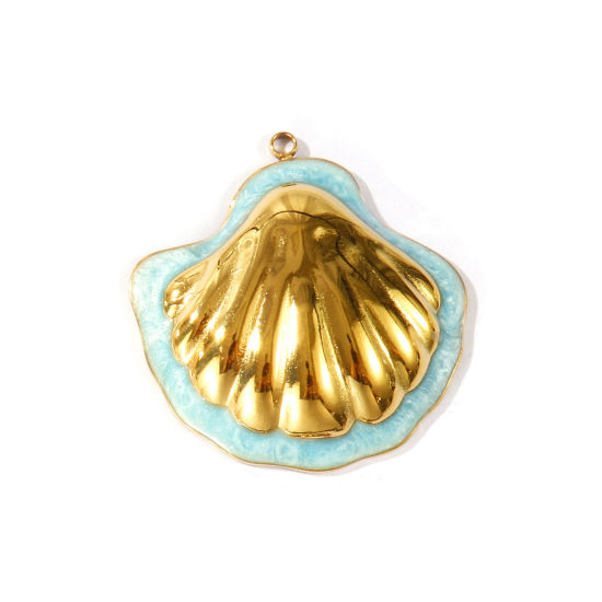 Picture of 1 Piece Eco-friendly PVD Waterproof Anti-Tarnish Hypoallergenic 304 Stainless Steel Pendants Wholesale 18K Real Gold Plated Blue Enamel Shell Pearlized 4cm x 3.9cm