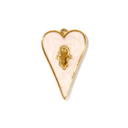 Immagine di 1 Pz PVD Ecologica Impermeabile Anti-Ossidante Ipoallergenico 304 Acciaio Inossidabile Religione Ciondoli All'Ingrosso 18K Vero Oro Placcato Rosa Smalto Cuore Mano Simbolo di Hamsa Madreperla 4.4cm x 2.8cm